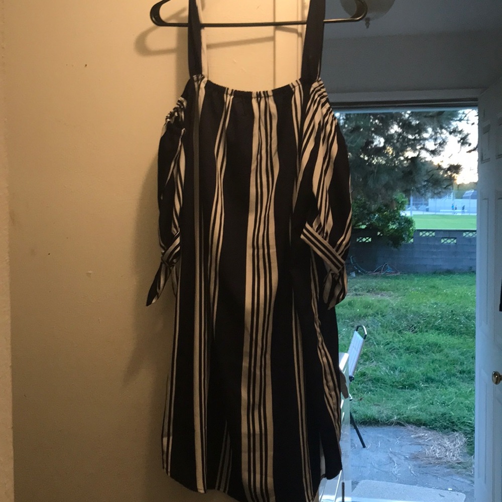 Off the shoulder black and white stripe dress